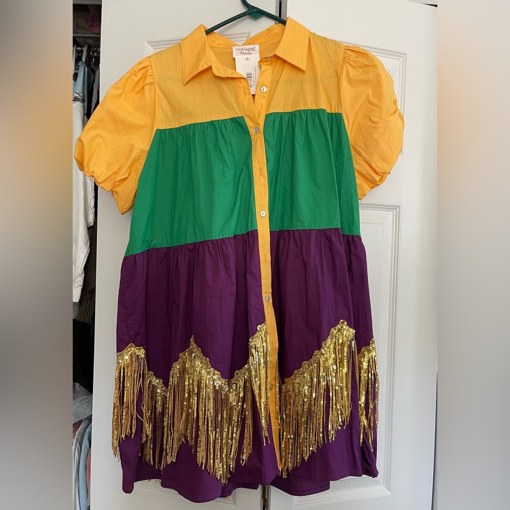 Colorful Button-Up Dress with Fringe